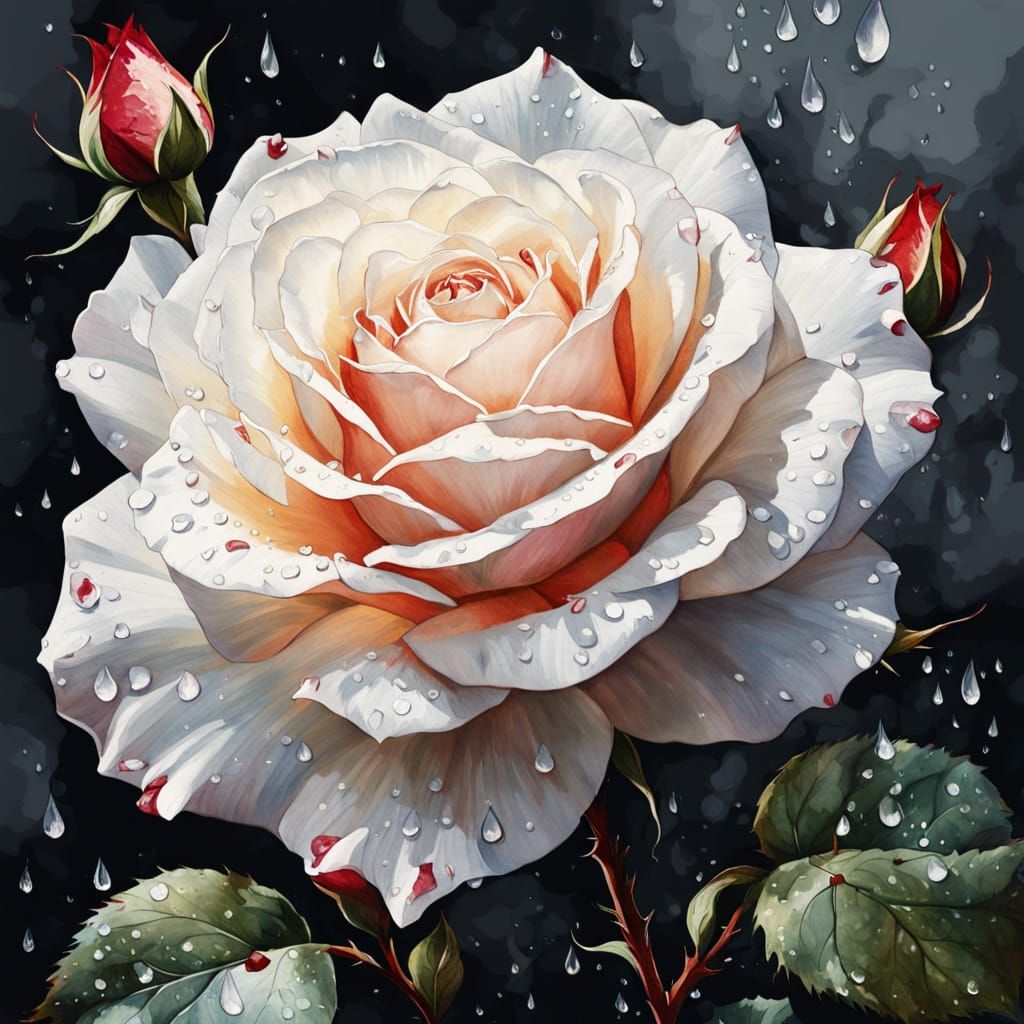 White Rose with Blood Drop in Watercolor Style