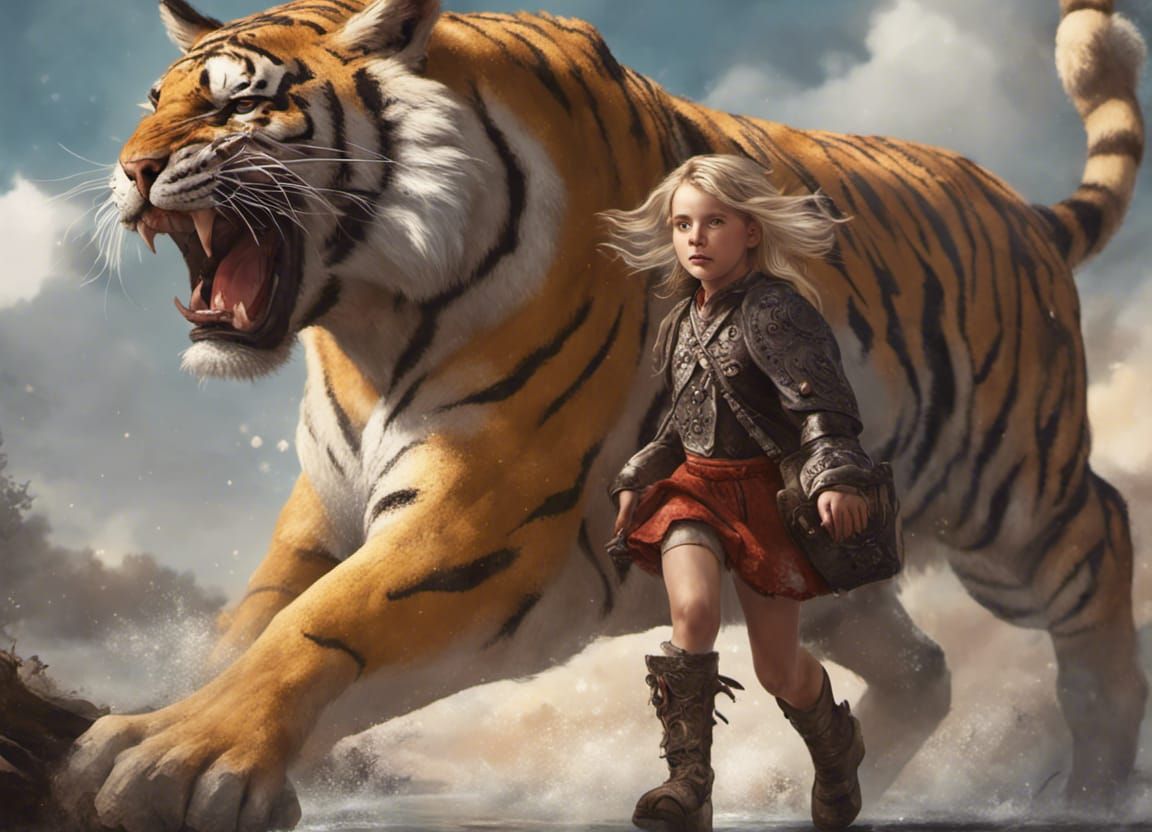 Blond Girl Rides Tiger in Dark Fantasy Landscape