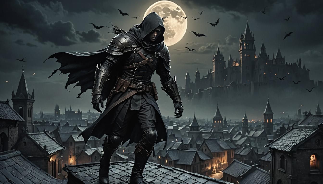 Nimble Thief in Dark Fantasy Cityscape