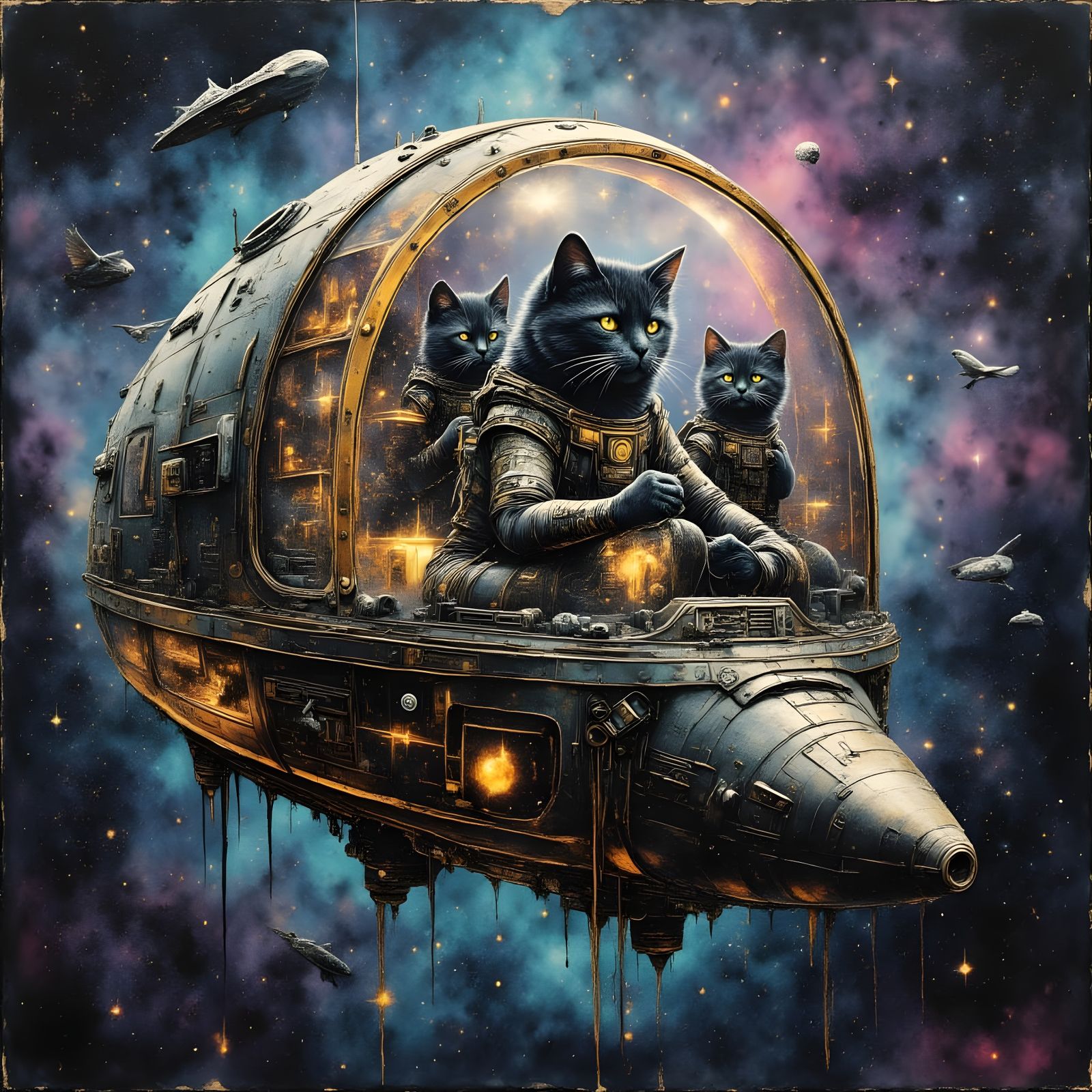 Golden Nebula Kittens Soar Through Cosmic Spaceship