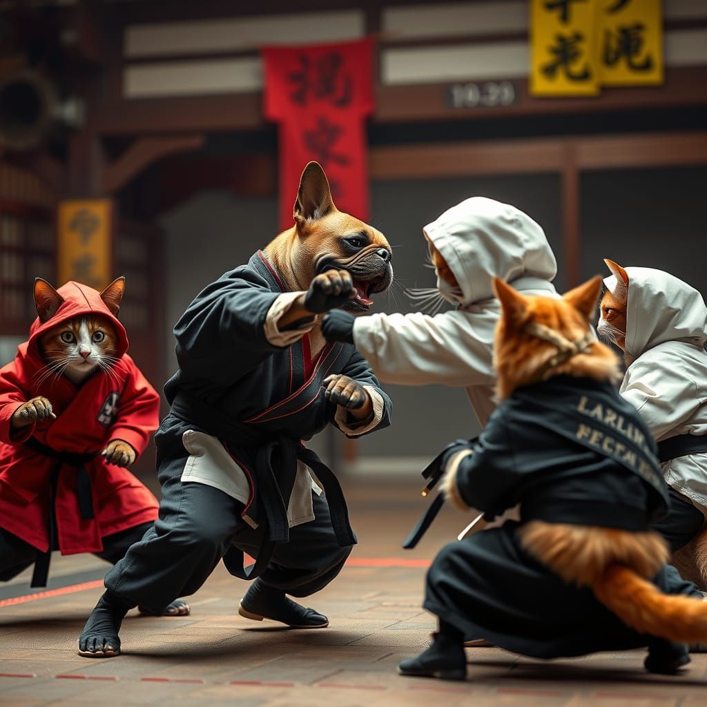 Karate Dog Versus Ninja Cats in Dojo