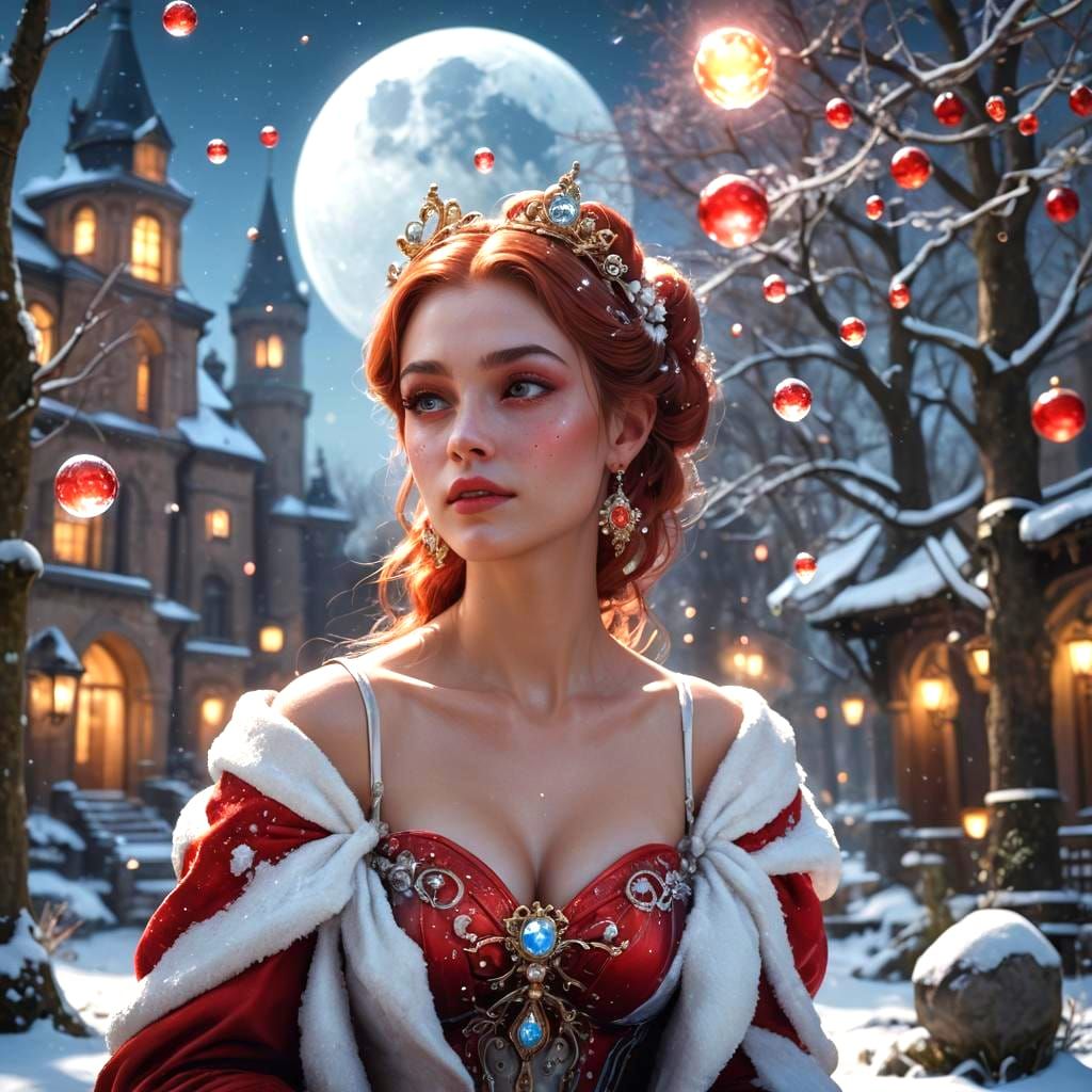 Stylish Russian Woman in Fantastical Moonlit Scene