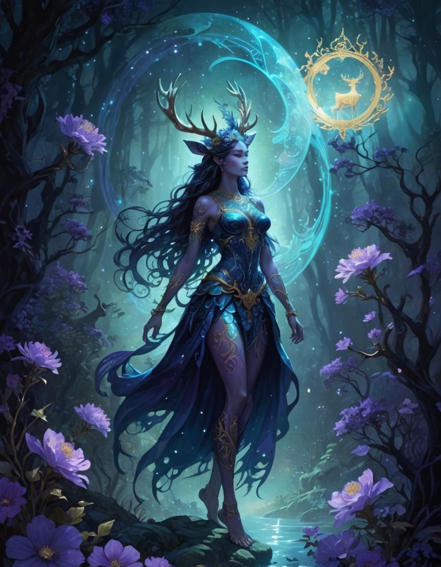 Divine Satyr in Bioluminescent Forest, Art Nouveau Style