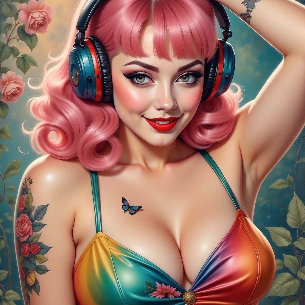 Beautiful Freckled Woman with Rainbow Dress, Oil Painting