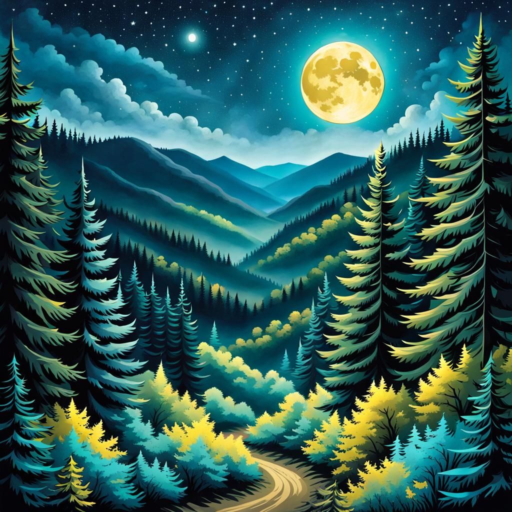 Teal Evergreen Forest Under Starry Moonlit Sky