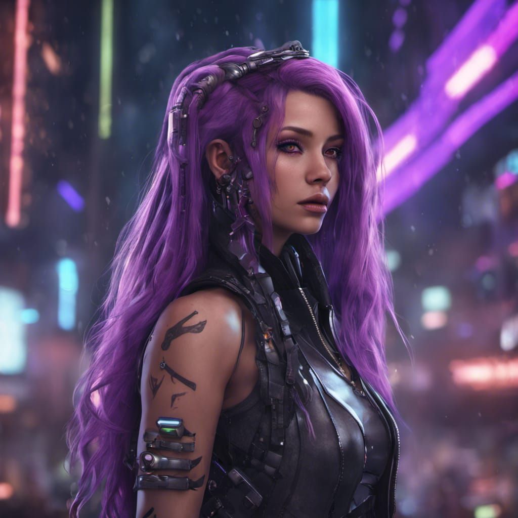 Cyberpunk Girl with Purple Hair in Detailed Matte Painting
