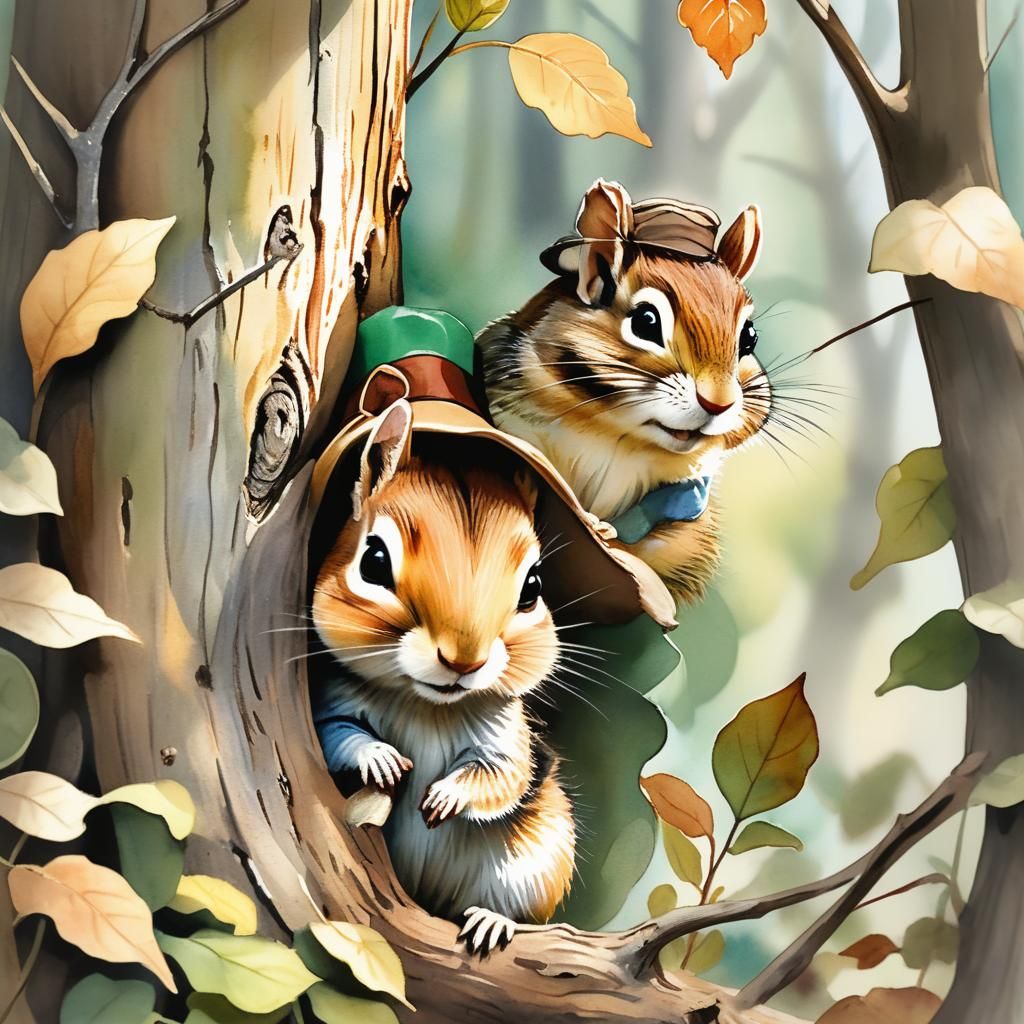 Chipmunk in Hat, Beatrix Potter Style Illustration