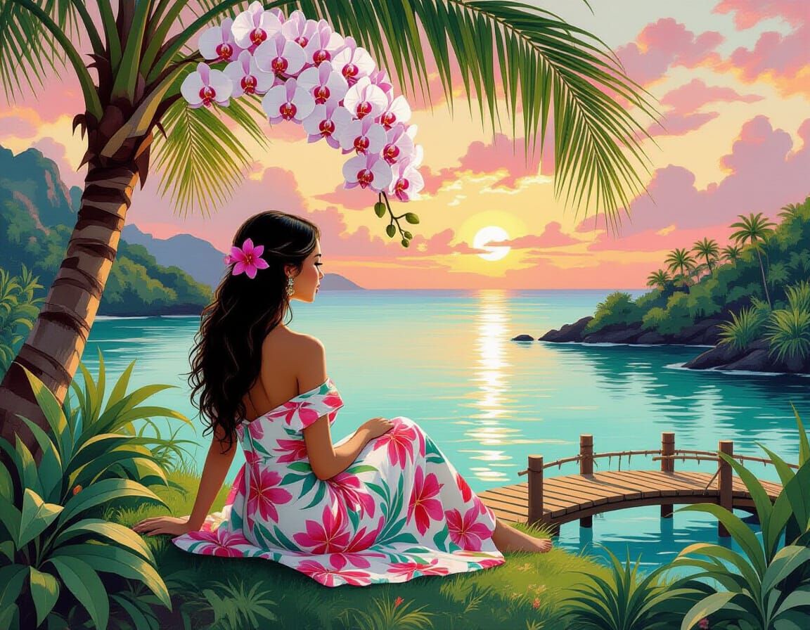 Hawaiian Girl in Tropical Garden, Art Nouveau Style
