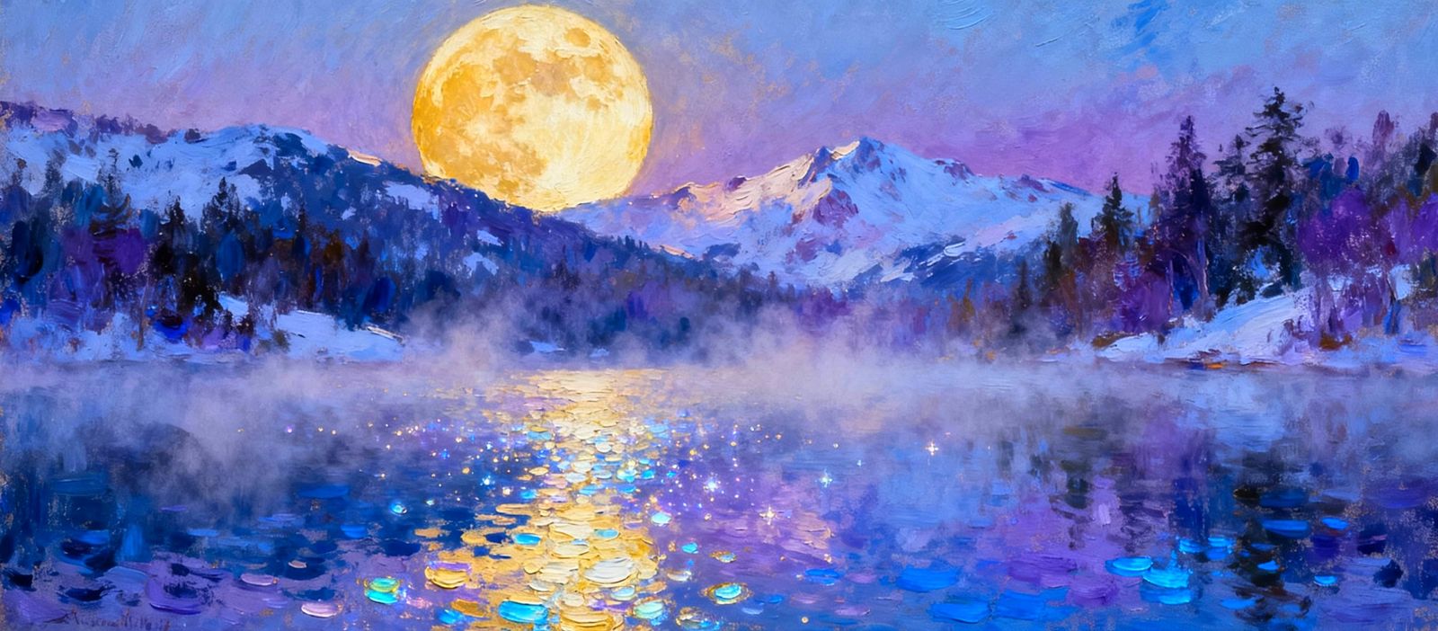 Golden Full Moon Over Misty Lake at Dusk