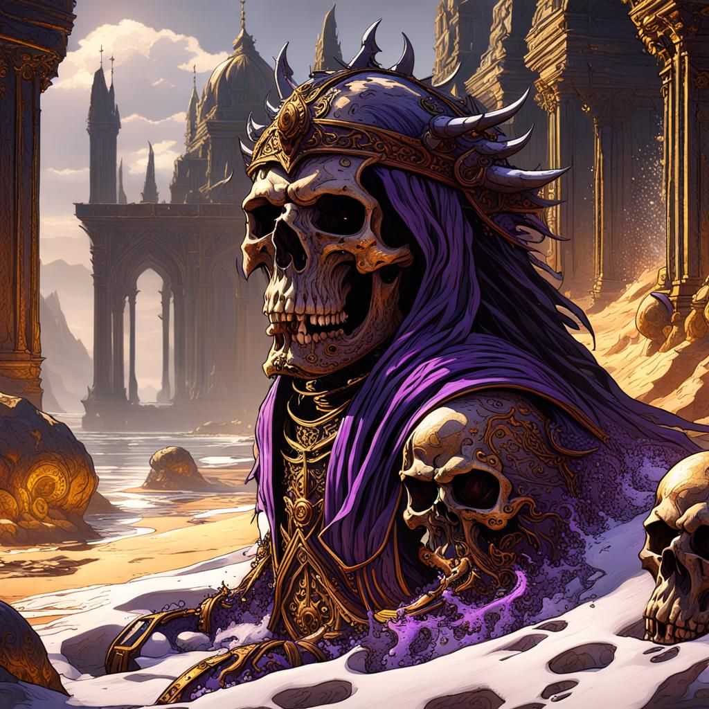 Death wears a breast plate made of Satan's skull as he emerged from the depths