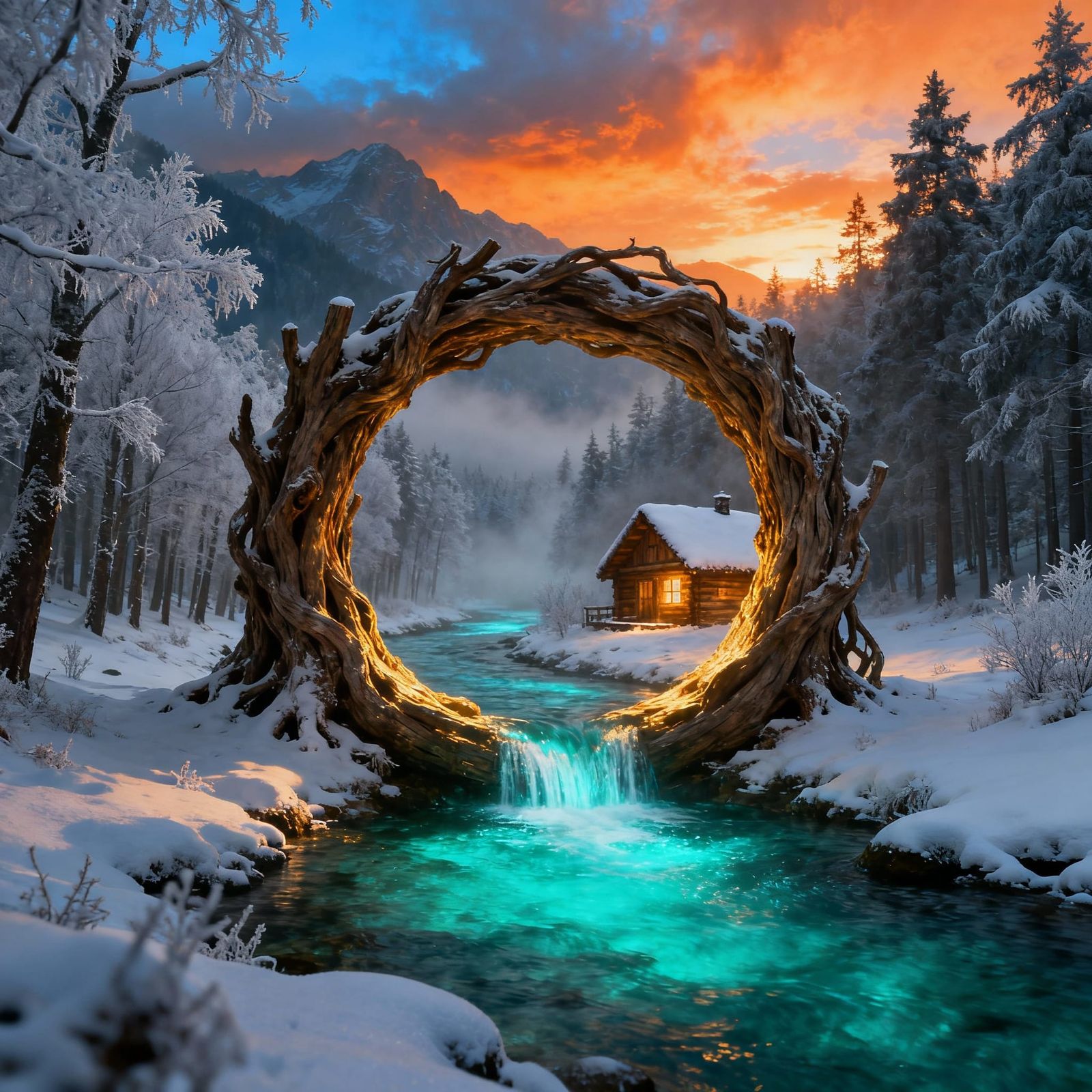 Fantasy Winter Landscape with Magical Tree Portal