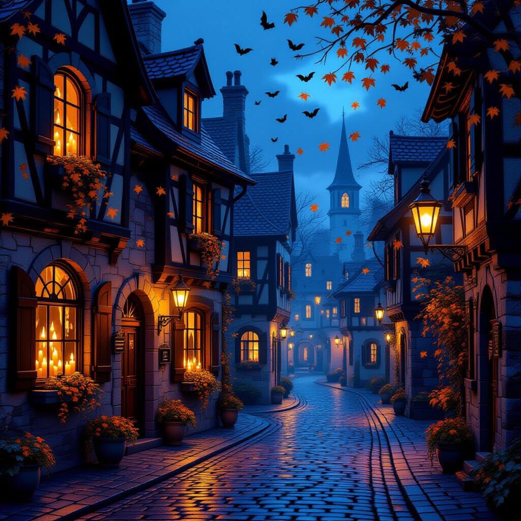 A small European-style town comes alive with glowing orange ...