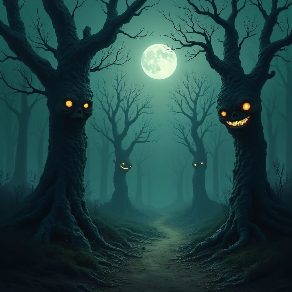 Eerie Horror Landscape with Smiling Faces in Moonlight