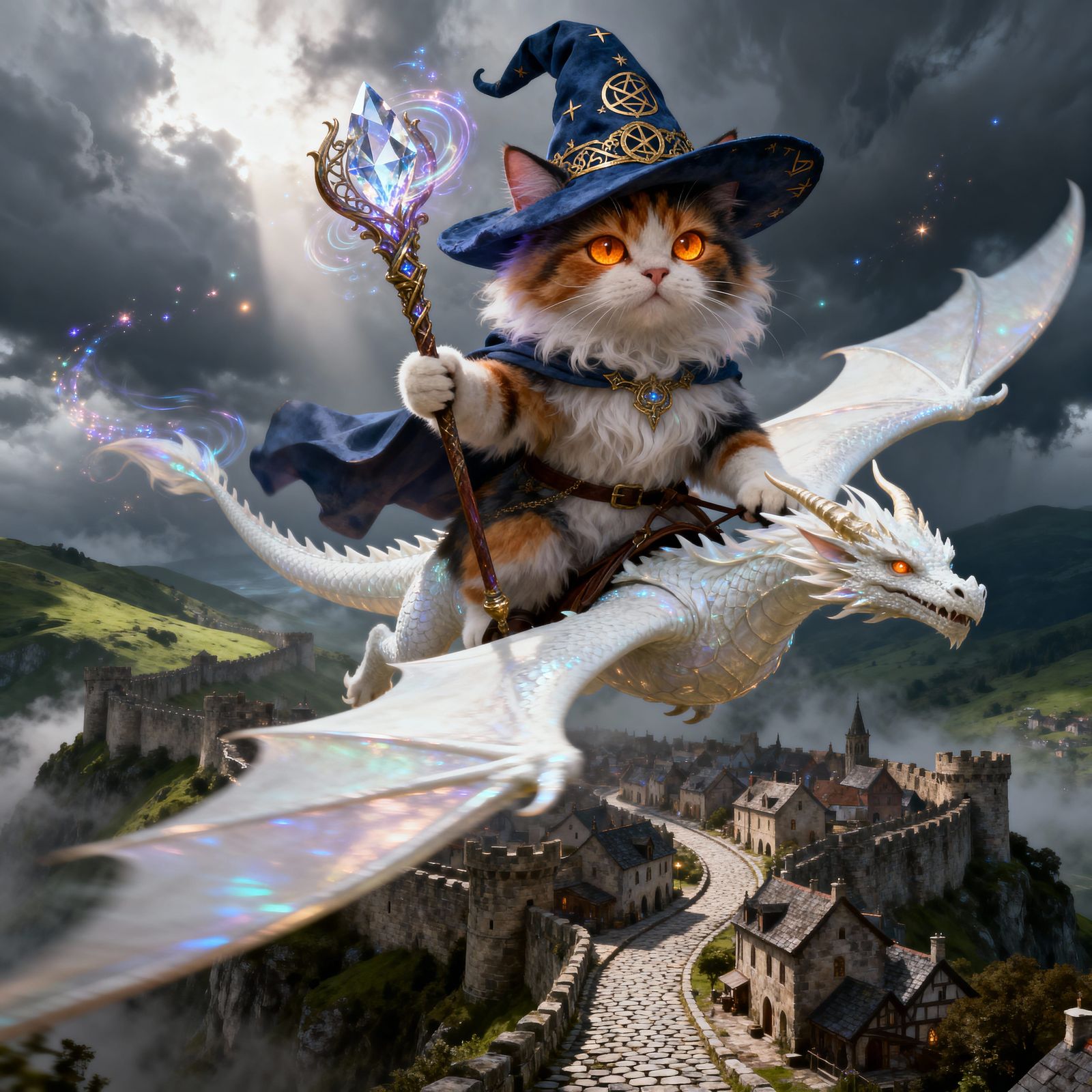 Fluffy Calico Wizard Cat Rides Dragon Over Medieval Town