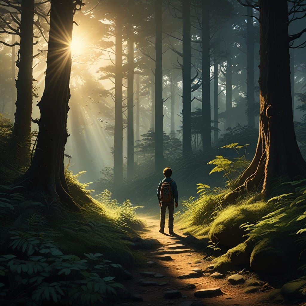 Young Adventurer in Sunlit Fantasy Forest