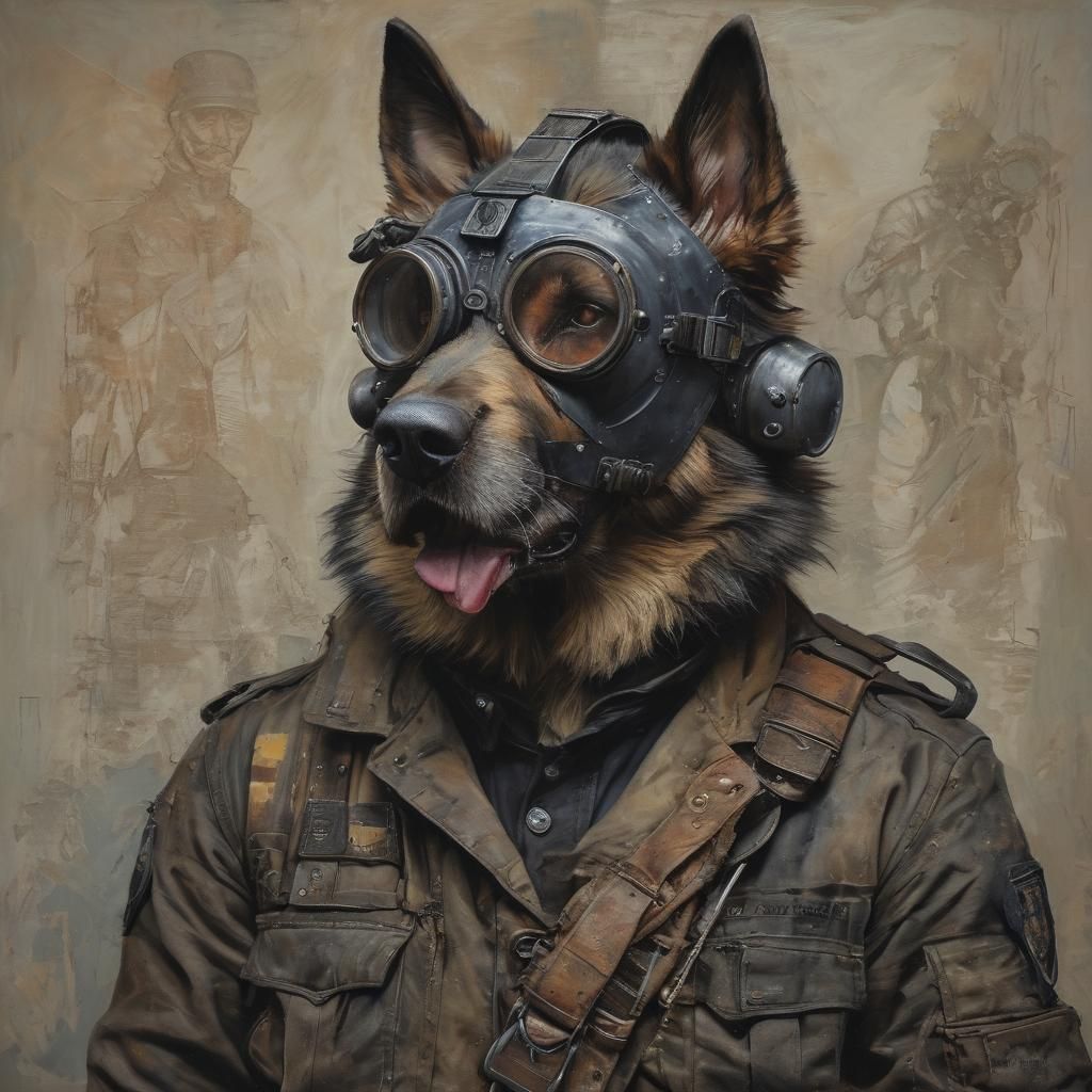 Defeated Dieselpunk Warrior With Dog, Oil Painting