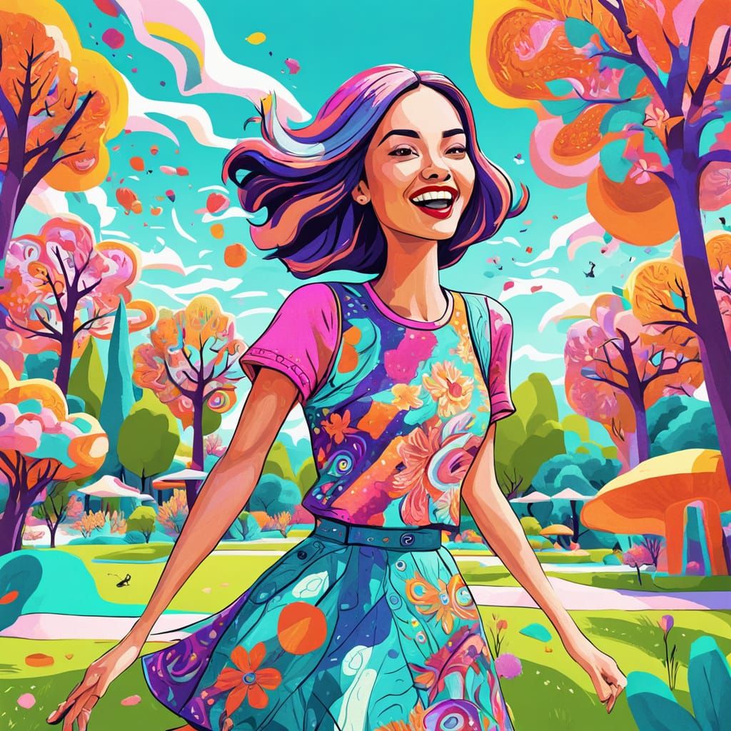 Cheerful Girl in Vibrant Park: Colorful Pop Art