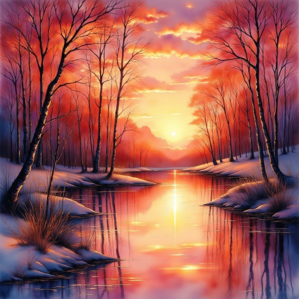Dazzling Watercolor Winter Sunset Over Lake with Birch Trees