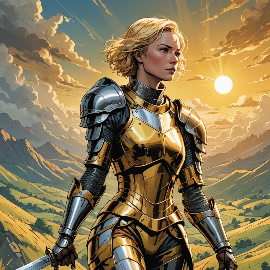 Epic Cartoon Heroine in Yellow Armour Stands Strong