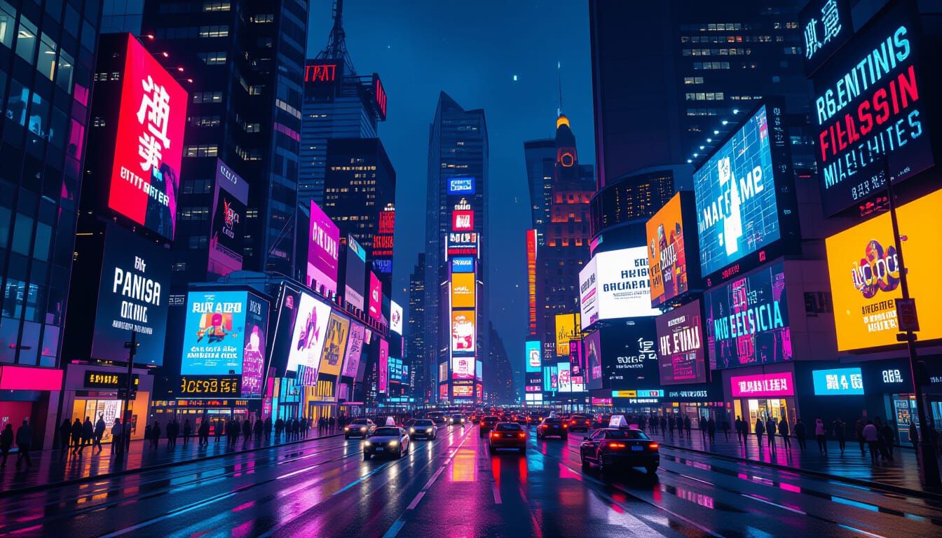 Vibrant Neon Metropolis at Night with Glowing Screens