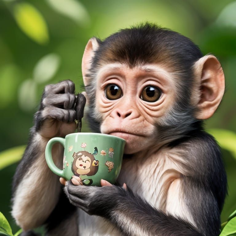 Grumpy Baby Monkey with Coffee Mug