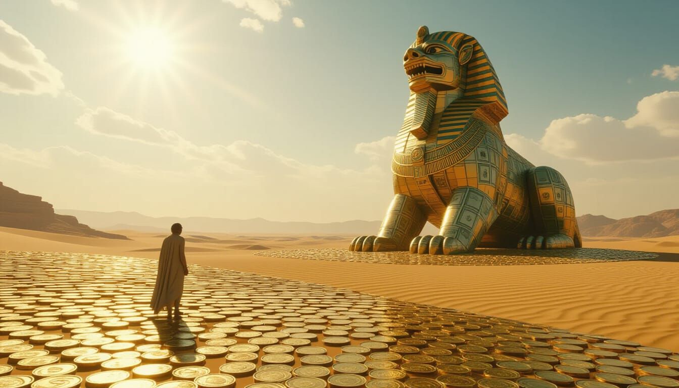 Epic Desert of Money with Mythical Creature Statue