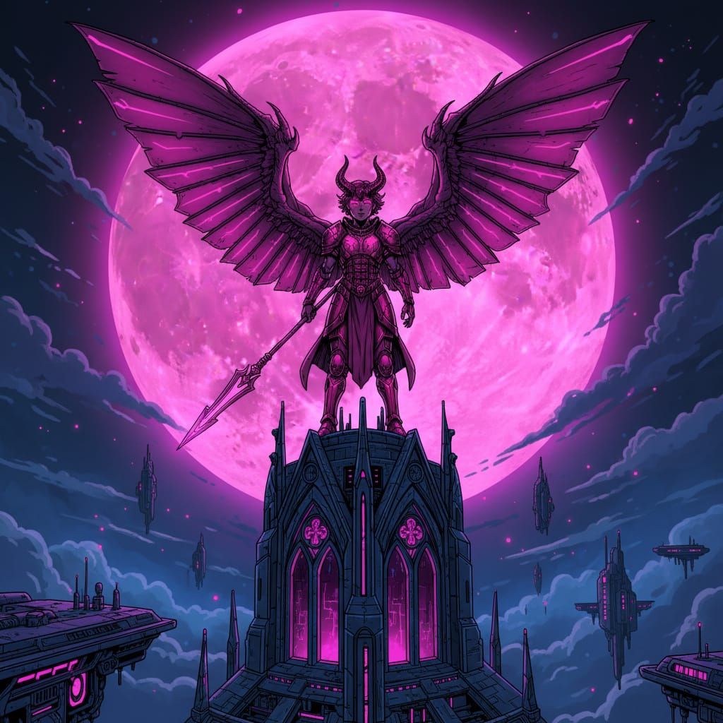Magenta Horned Angel on Bell Tower in Retrofuturism Style