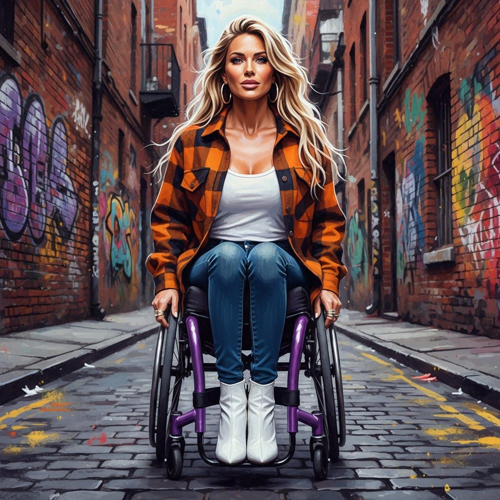 Confident Woman in Purple Wheelchair on Street