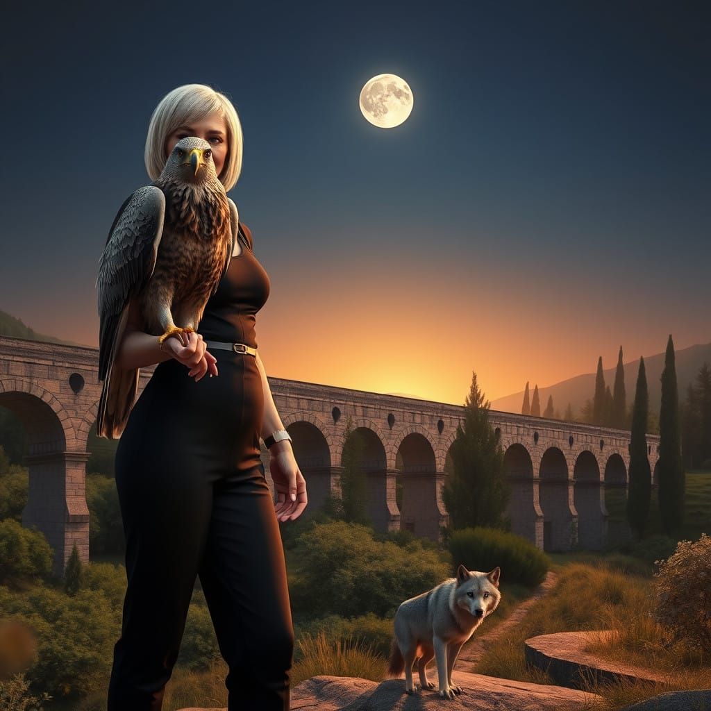 Athletic Woman with Falcon and Wolf, Cyberpunk Landscape