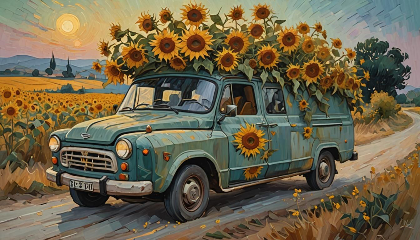 Sunflower Bedford Van in Van Gogh Style