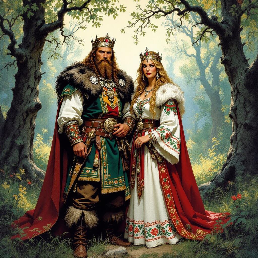 Slavic King and Queen in Forest, Fantasy Art