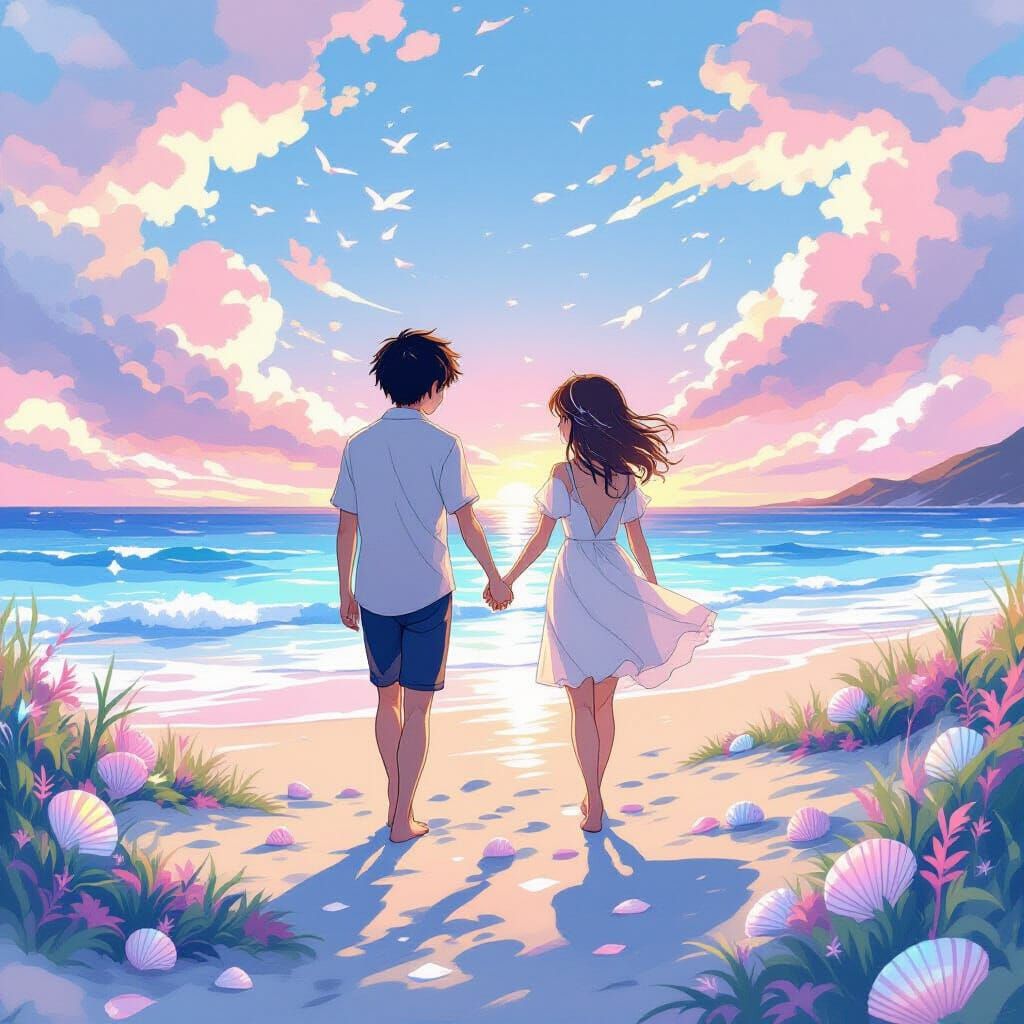 Anime Couple at Mythical Beach in Watercolor Style