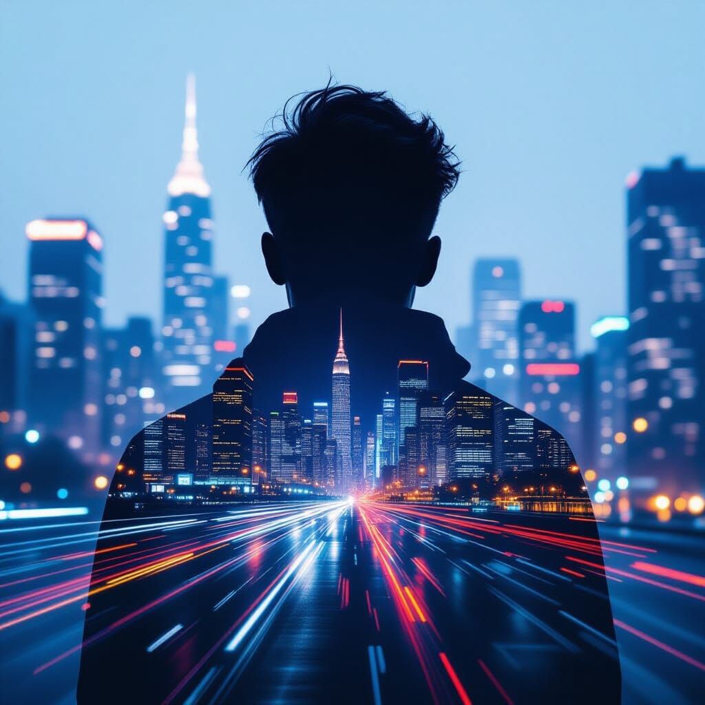 Night Cityscape Silhouette: Double Exposure Art