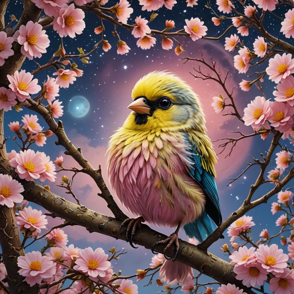 Pink Canary in Starry Floral Tree, Digital Art