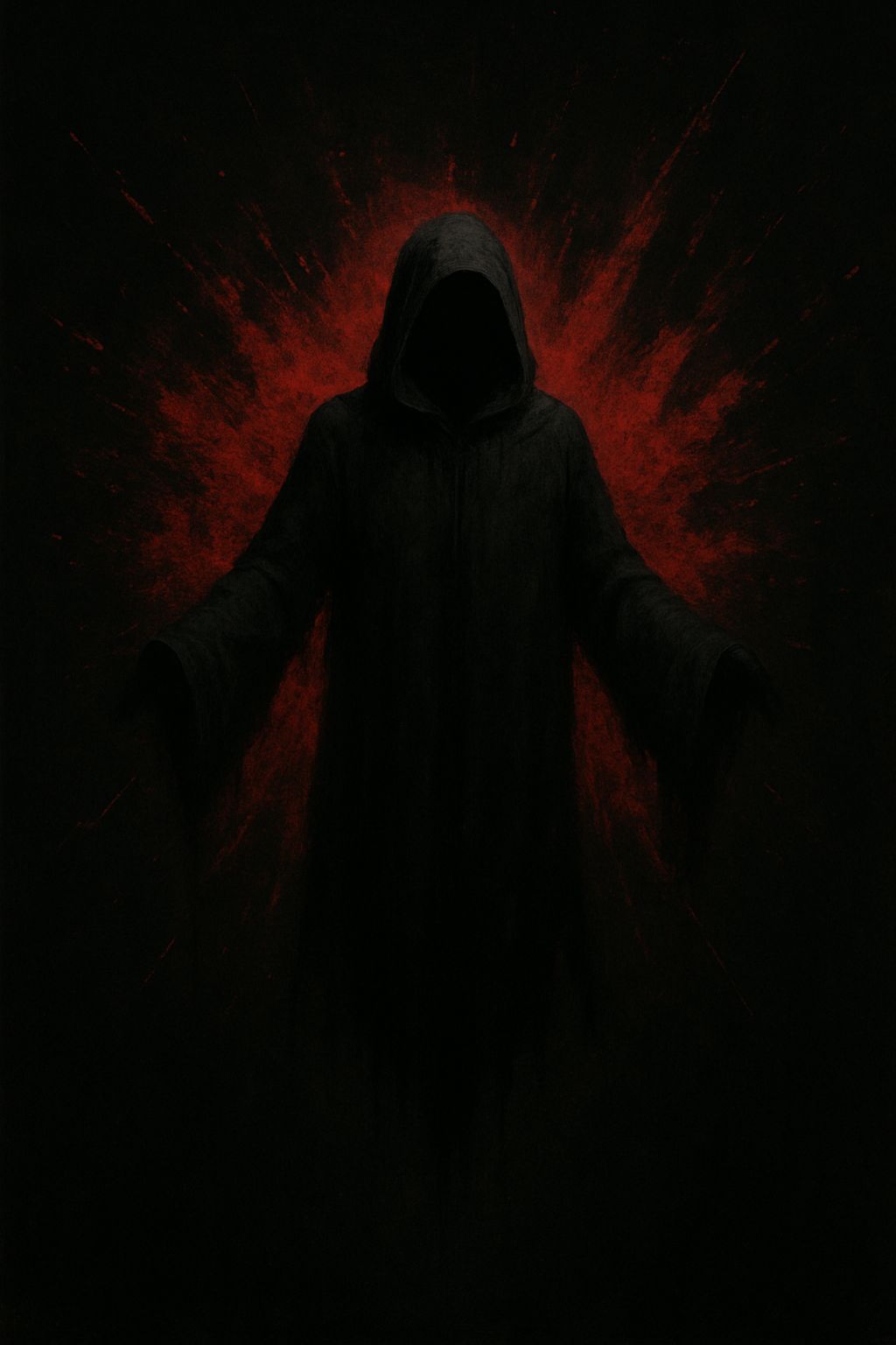 Eerie Faceless Figure in Black Hood with Red Splatter