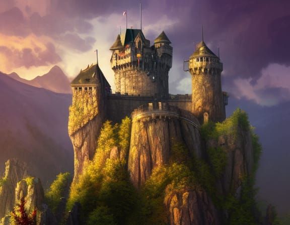 Imposing Mountaintop Castle at Sunset in Detailed Matte Pain...