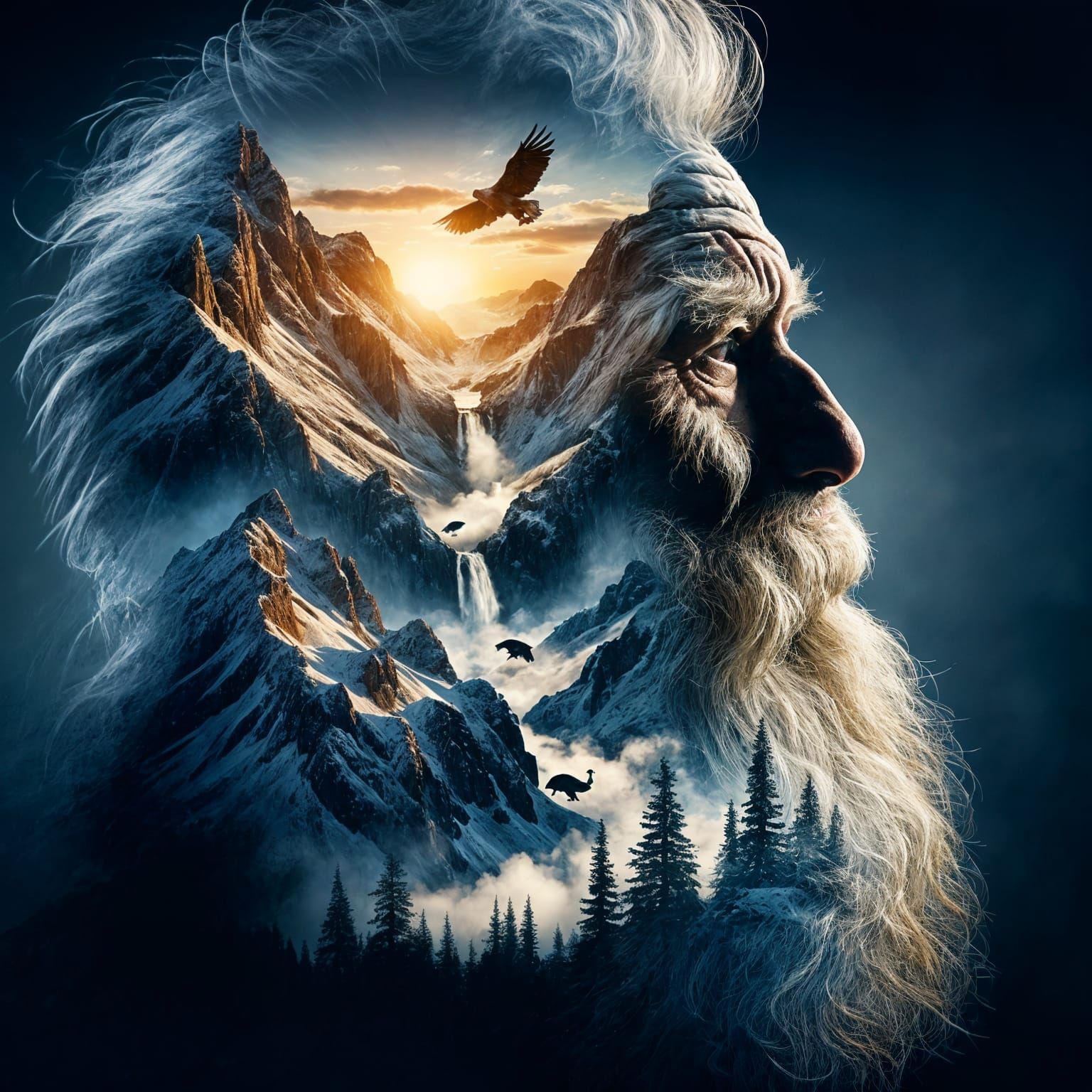 Double Exposure: Mountain Landscape Fills Elderly Man's Prof...