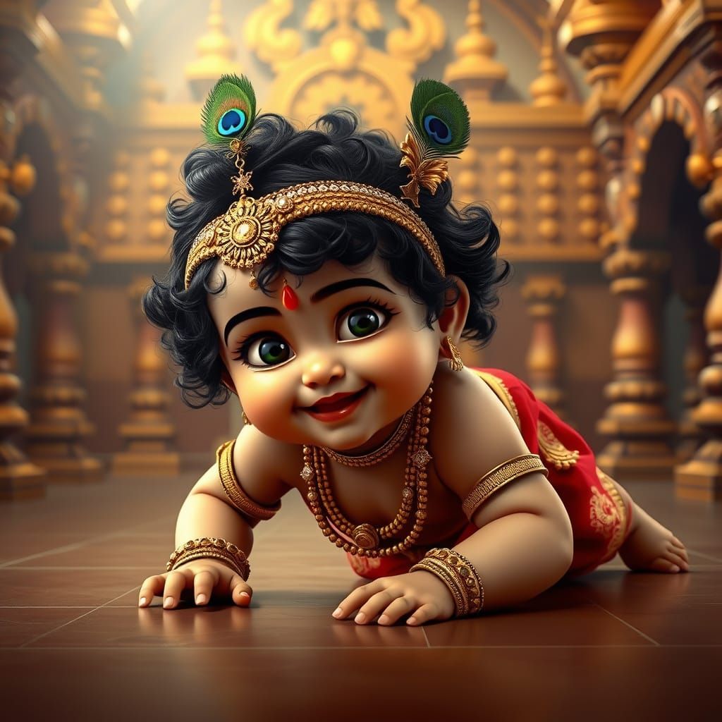 Baby Lord Krishna in Traditional Indian Attire, Golden Jewel...
