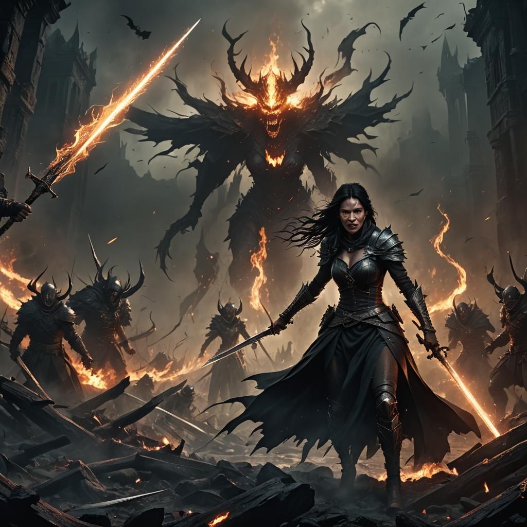 Dark Fantasy Woman Champion in Battlefield