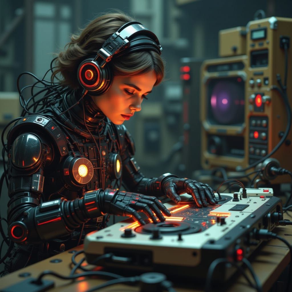 Wired Humanoid Contemplates Cassette Deck in Hyperrealism