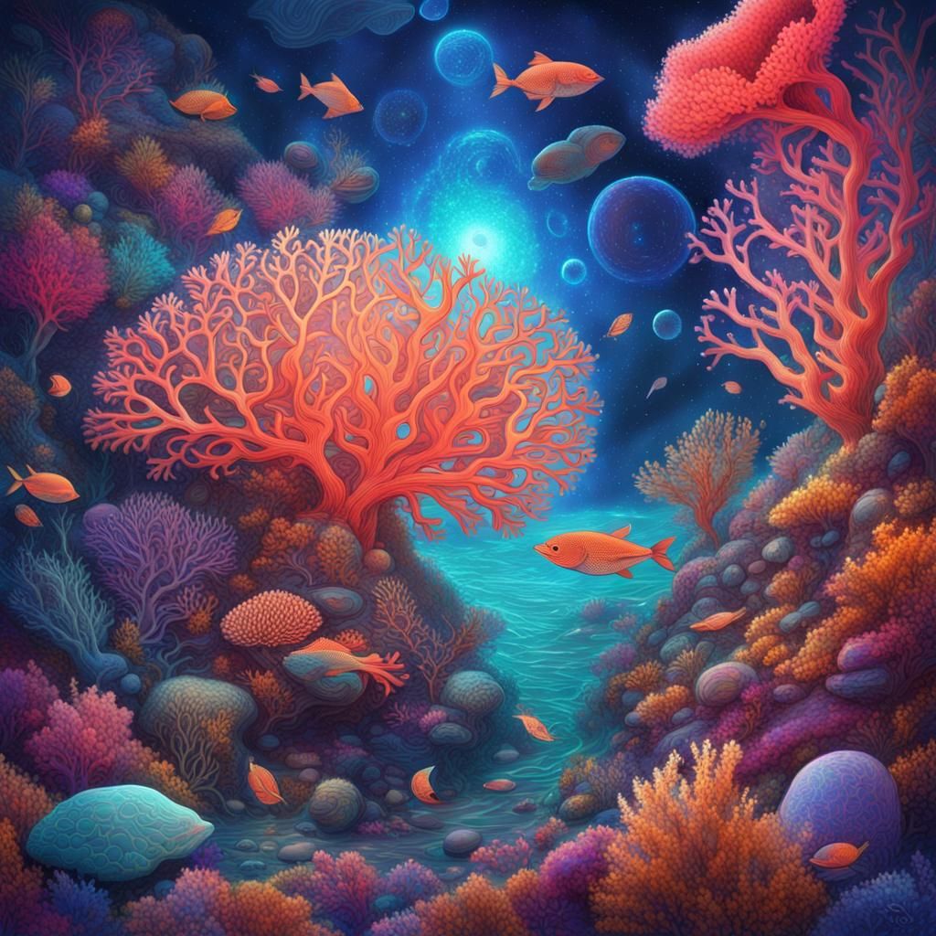 Sentient Coral Reef in Holographic Astral Illustration