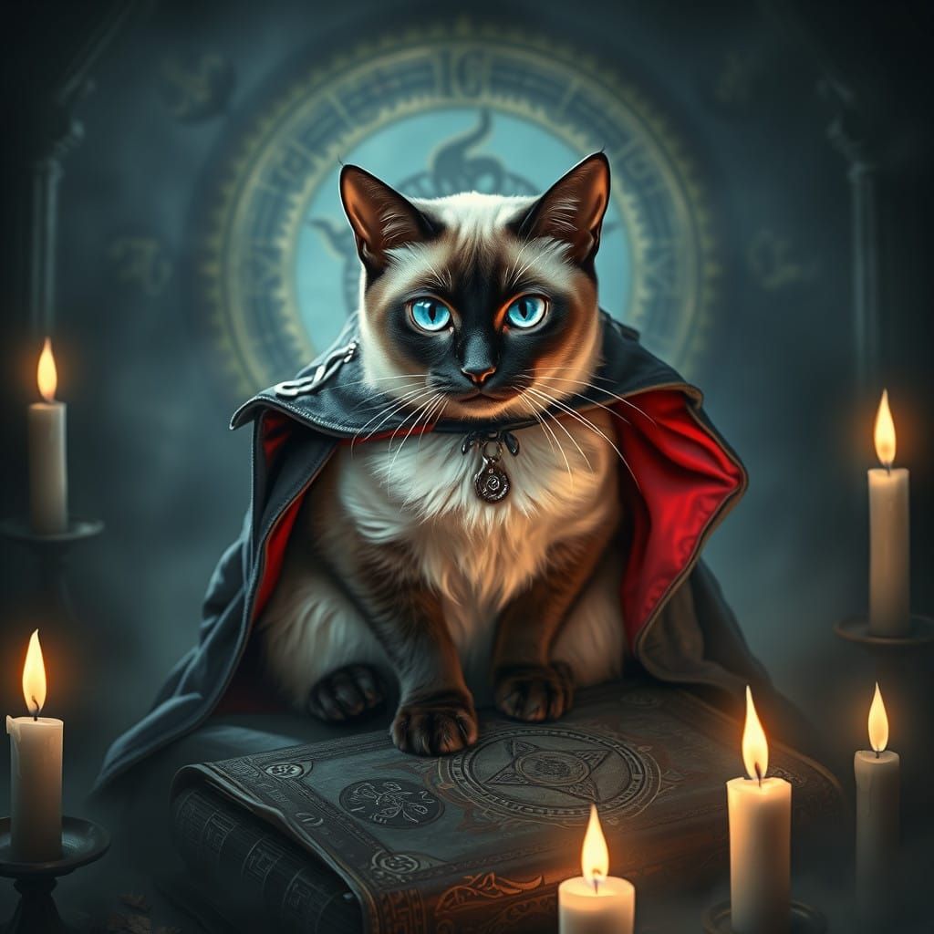 Mystical Siamese Feline in Dark, Haunting Chamber