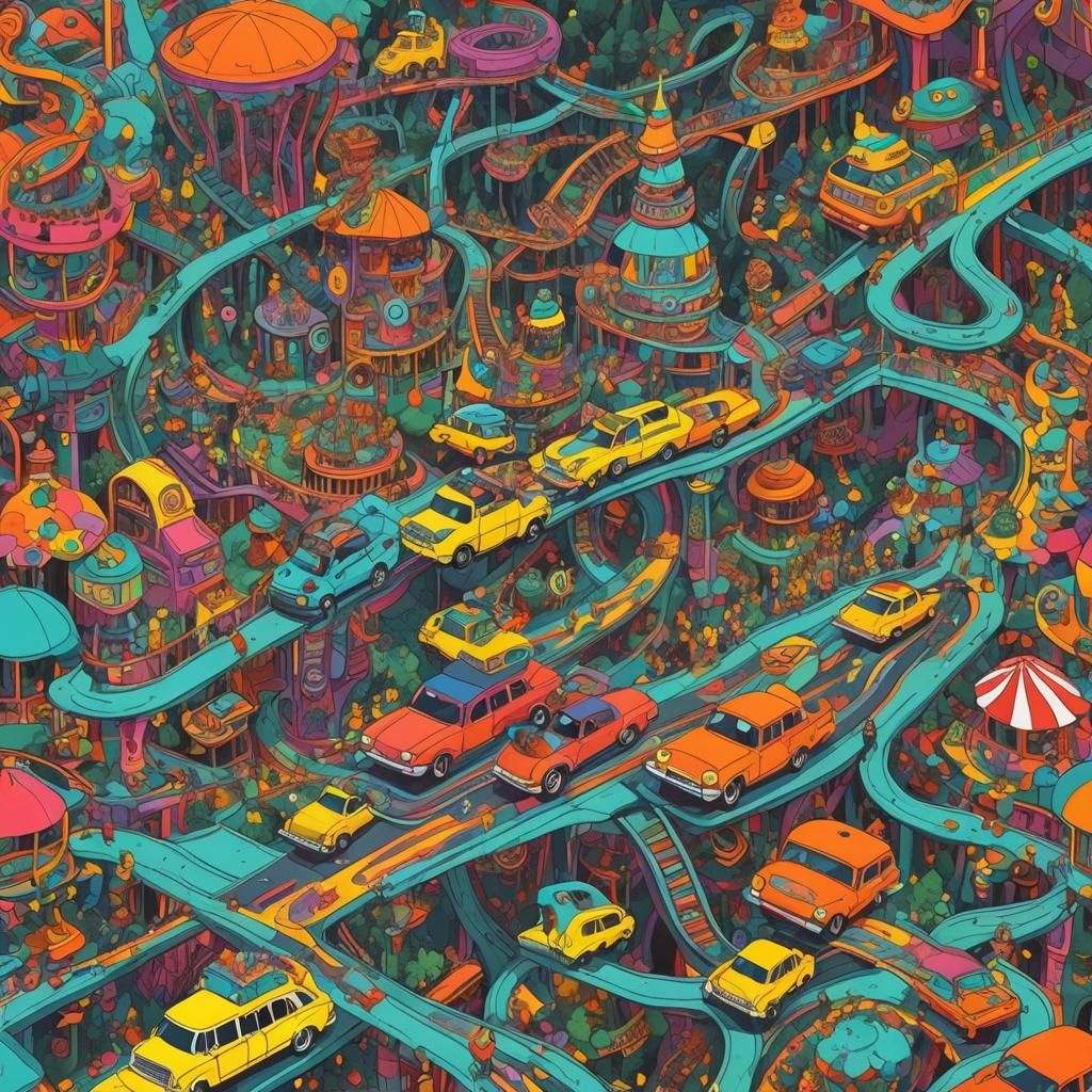 Psychedelic Theme Park with Flying Simpsons