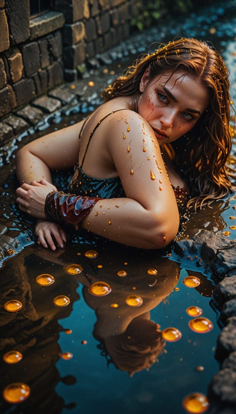 Surreal Ladies Crawling in Castle Moat: Oil Painting