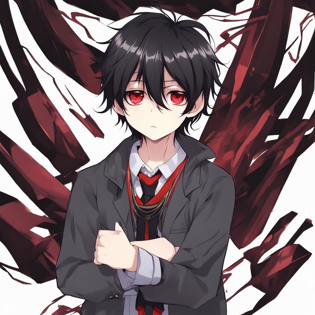 Anime Style Boy with Dark Hair and Crimson Eyes