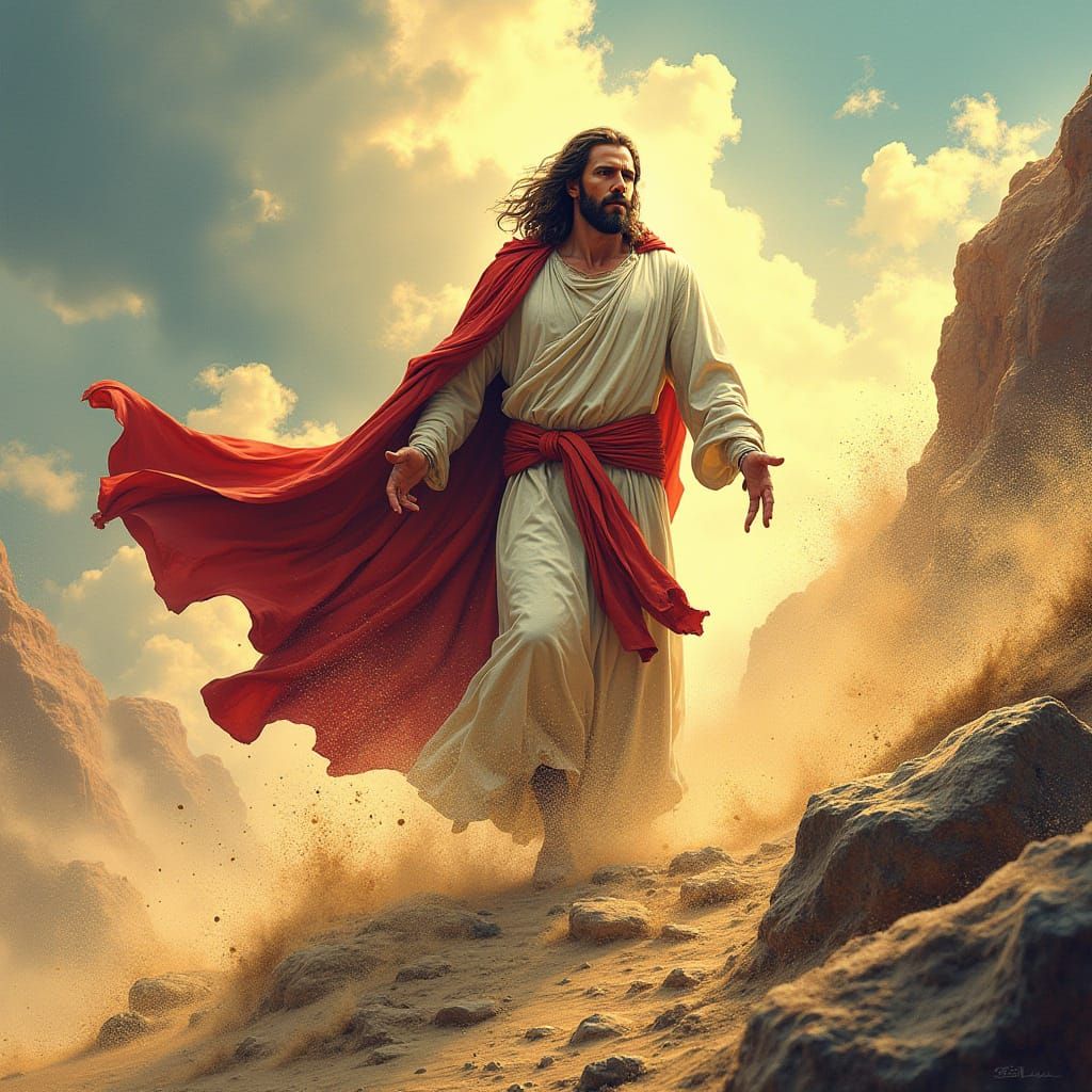 Jesus Rock Battles Sandstorm in Comic Book Style