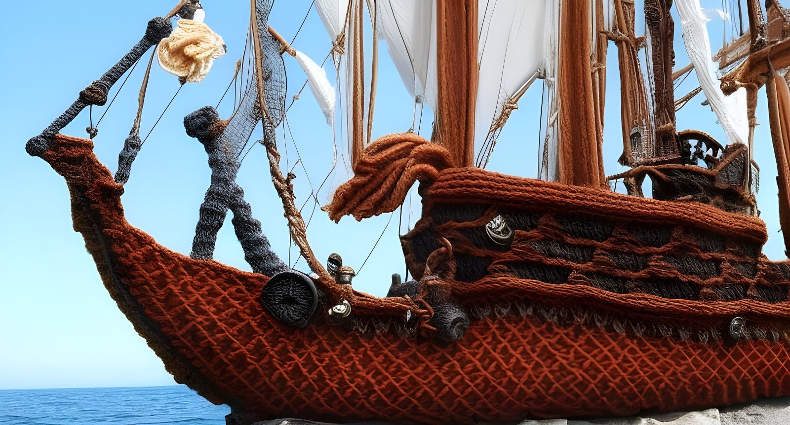 Detailed Knitted Yarn Pirate Ship on the Seas