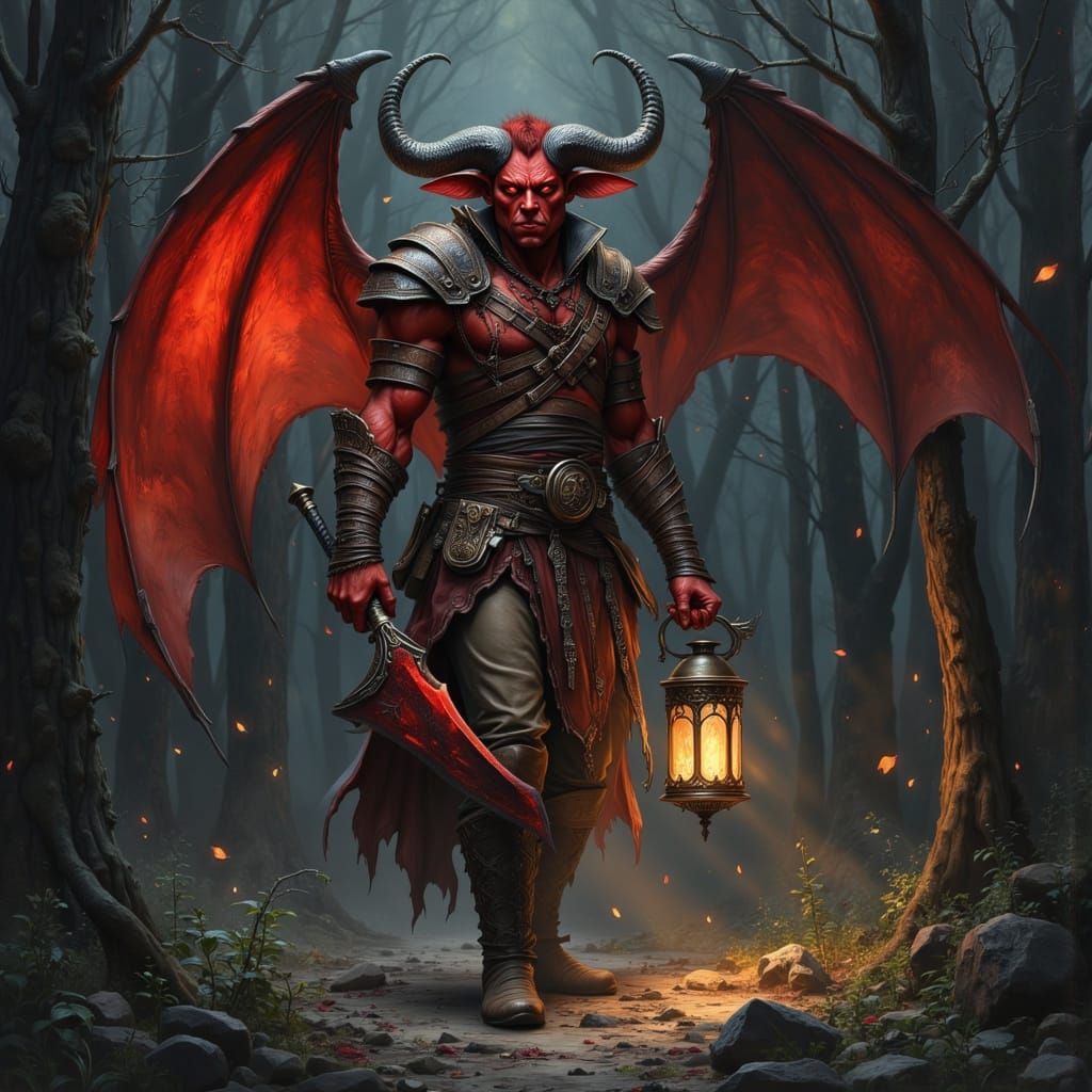 Tiefling Adventurer in Dark Forest Oil Painting