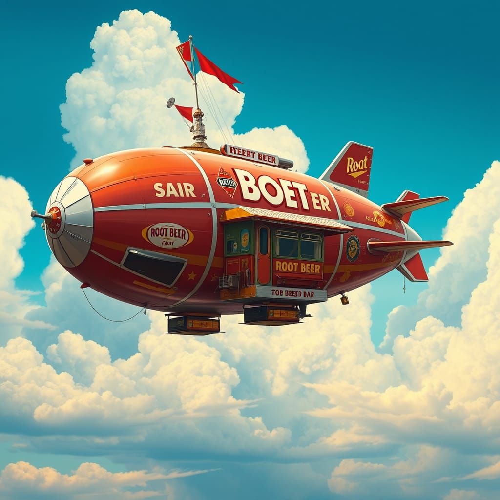 Vintage-Futuristic Airship Root Beer Bar in a Bright Blue Sk...