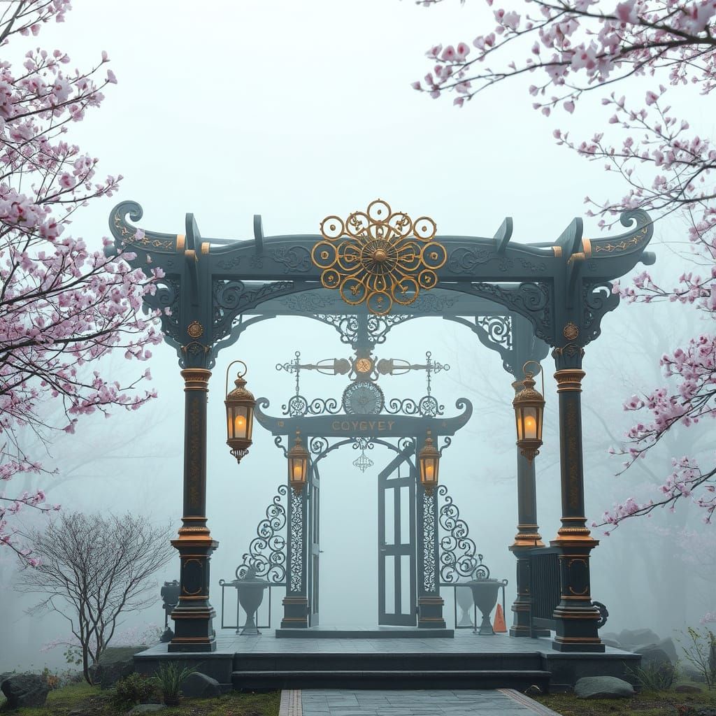 Majestic Steampunk Pergola in a Whimsical Cherry Blossom For...